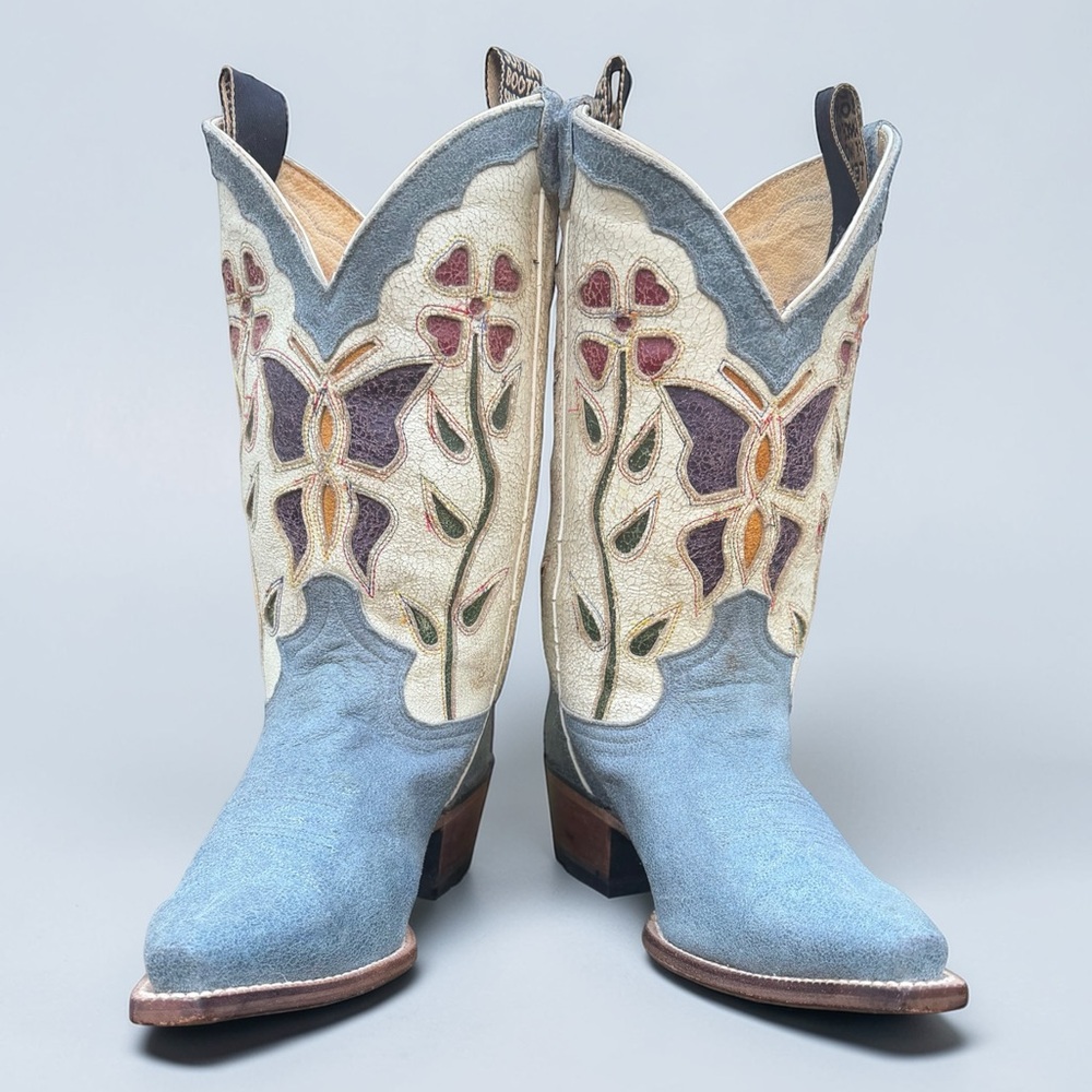 1990s Justin Butterfly Inlay Suede — Women’s 9 Vintage Cowboy Cowgirl Boots